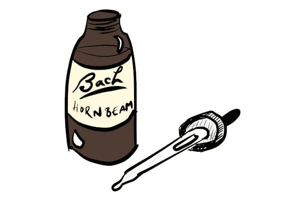 A drawing of a Bach flower remedy bottle with a label saying Hornbeam on it. There is a dropper lying beside the open bottle.