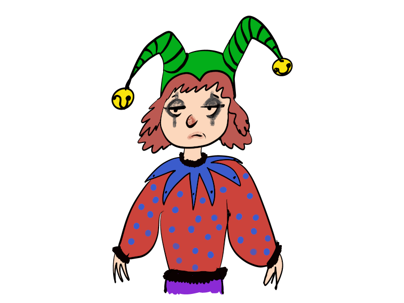 A cartoon drawing of a Fool, or Jester. The Fool is looking miserable.