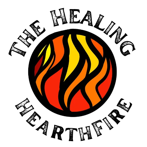 The Healing Hearthfire logo is a stylised drawing of rising flames of red, orange and yellow in a circle. Each flame is separated by a black line. The effect is like a stained glass window. The words The Healing Hearthfire surround the circle.