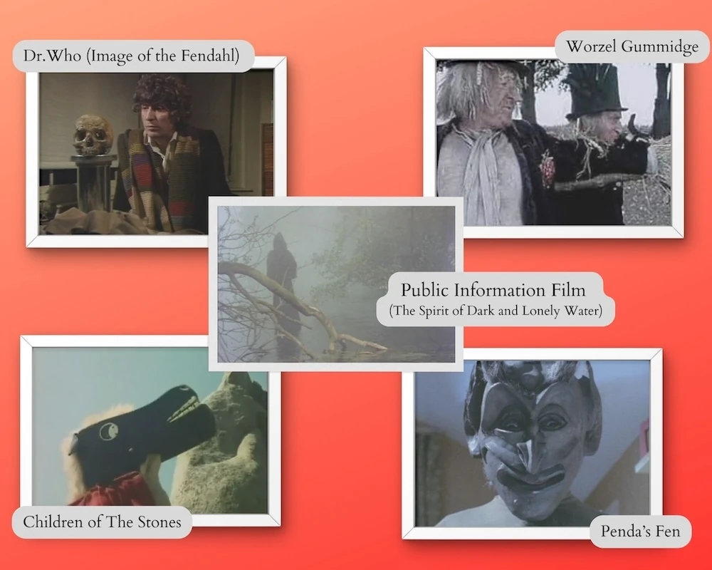 A collage of images from 70's and 80's TV programmes. 1. Dr Who, Image of the Fendahl. 2. Worzel Gummidge. 3. Public information film, the spirit of dark and lonely water. 4. Children of the Stones. 5. Penda's Fen.